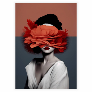 Schöne rote Blumen im Haar einer Frau als Poster