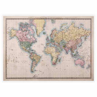 Poster mit einer handgemalten Weltkarte von 1860