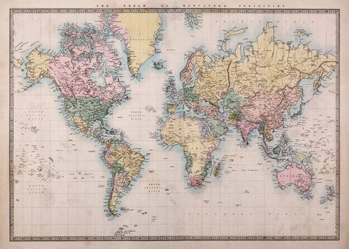 Poster mit einer handgemalten Weltkarte von 1860