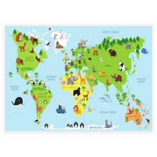 Kinderposter mit Weltkarte und niedlichen Tieren