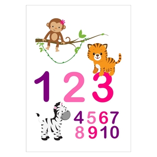 Lustiges und farbenfrohes Kinderposter mit den Zahlen 1-0 und niedlichen Tieren