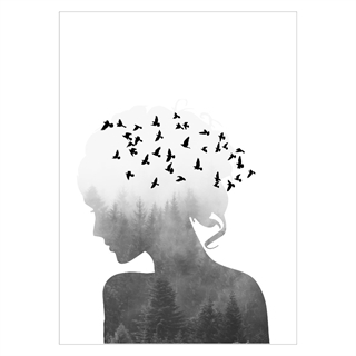 Poster - Silhouette Frauen und Vögel. Das Poster zeigt eine Frau im Profil, in das fliegende Vögel eingearbeitet sind