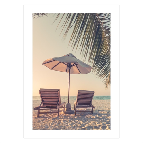 Plakat med sommerferie - palmer, parasol og strand