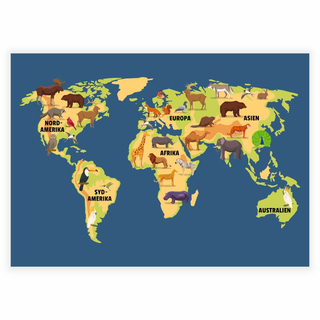 Schönes Kinderposter mit Weltkarte und niedlichen Tieren