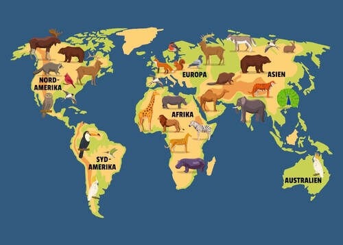 Schönes Kinderposter mit Weltkarte und niedlichen Tieren