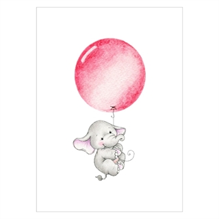 Kinderposter mit einem niedlichen Elefanten, der an einem rosa Luftballon hängt