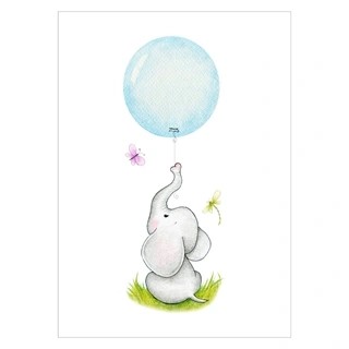 Kinderposter Sitzender Elefant mit blauem Luftballon