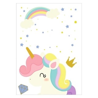 Poster mit Einhorn und Regenbogen in hellen Pastellfarben