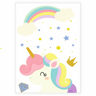 Poster mit Einhorn und Regenbogen in hellen Pastellfarben