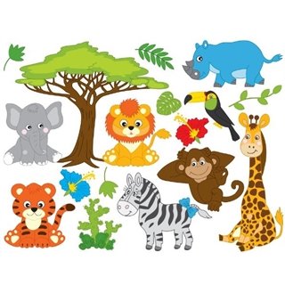 Wandsticker mit Safaritieren. Löwen, Giraffen, Elefanten und viele mehr