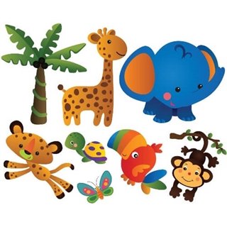 Wandsticker mit papagei, mit affe, mit giraffe, schildkröte, schmetterling, löwe und palmen