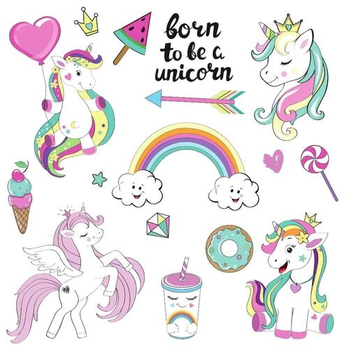 Wandsticker Bogen mit Einhörnern, Eiscreme, Lutscher, Regenbogen, Limonade, Diamant, Stern, Herz