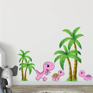 Wandtattoo für das Kinderzimmer. 4 schöne Palmen, ein schöner rosa Dinosaurier, der mit zwei kleinen Kröten Fangen spielt