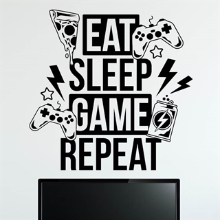 Wandaufkleber mit Text Eat sleep game repeat PIZZA und Illustration von 2 Controllern, Pizza, Limonade, Bildschirm