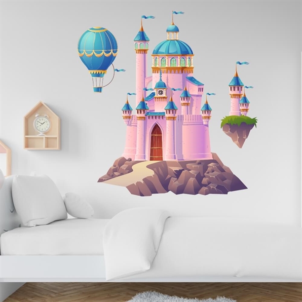 Bedruckt - Abenteuerburg - Wandsticker. Traumhaft schönes Schloss in Pink-, Türkis- und Goldtönen und ein Heißluftballon