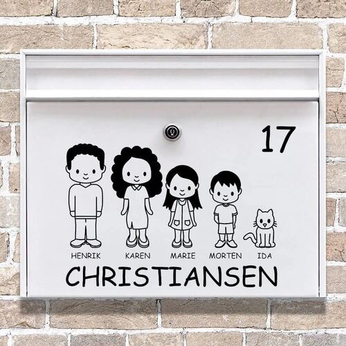 Briefkastenaufkleber mit der süßen kleinen Familie. Wirklich schöne Illustrationen der Familienmitglieder und Ihrer Haustiere.