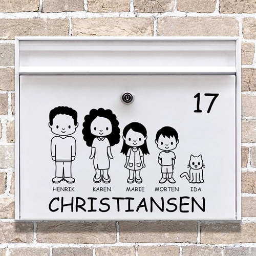 Briefkastenaufkleber mit der süßen kleinen Familie. Wirklich schöne Illustrationen der Familienmitglieder und Ihrer Haustiere.