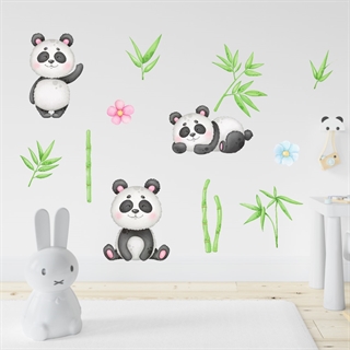 Wandsticker Aquarell mit Pandabären, Bambus, Blättern und Blumen