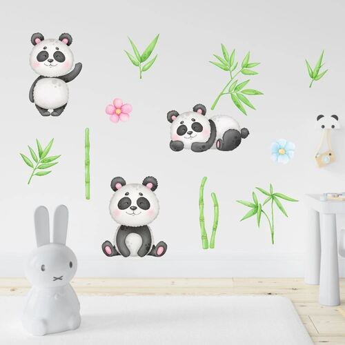 Wandsticker Aquarell mit Pandabären, Bambus, Blättern und Blumen