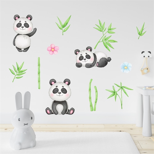 Wandsticker Aquarell mit Pandabären, Bambus, Blättern und Blumen