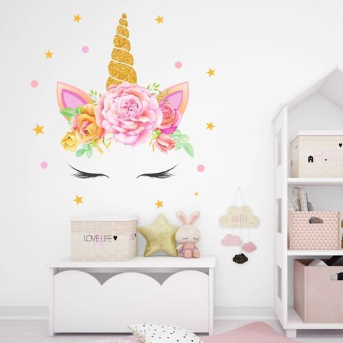 Wandsticker mit einem wunderschönen Einhorn in Gold und Pink