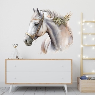 Aquarell-Wandaufkleber mit einem weißen Pferd und Blumen