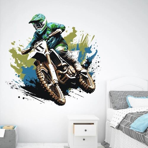 Wandtattoo Motocross-Maschine in Blau- und Grüntönen