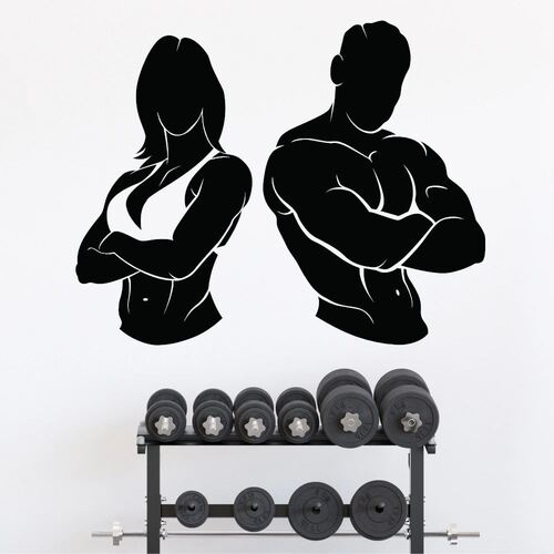 Wandaufkleber „Silhouette einer Hand mit Fitness-Mann und -Frau“.