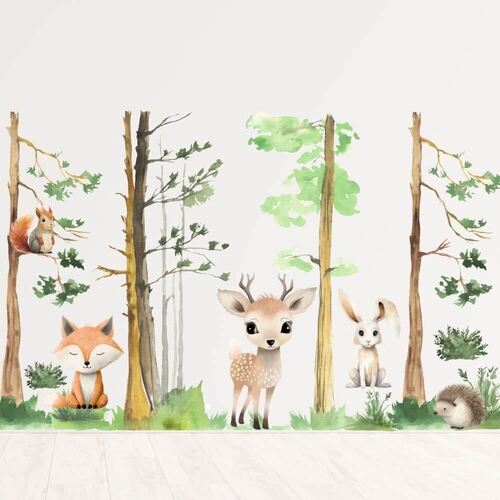 Unglaublich schöner Wald mit Tieren in Aquarell-Wandaufklebern