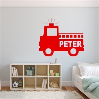 Lustiger Wandaufkleber für das Kinderzimmer mit einem Feuerwehrauto mit dem Namen Ihres Kindes darauf.