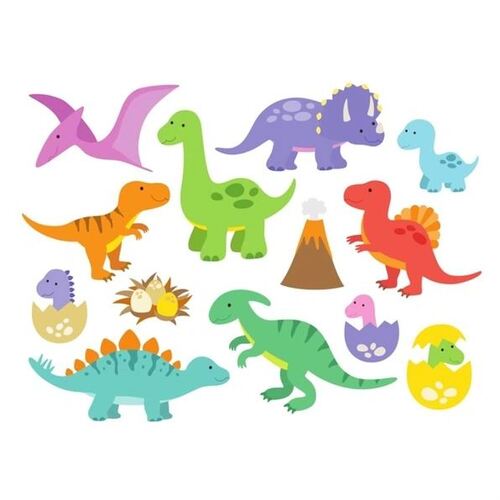 Wandsticker mit vielen süßen Dinos und kleinen Babys in Eiern